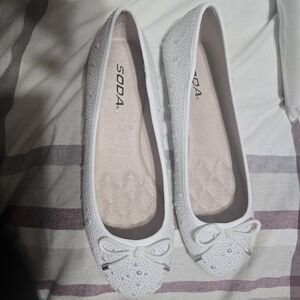 Soda White Rhinestone Bow Flats